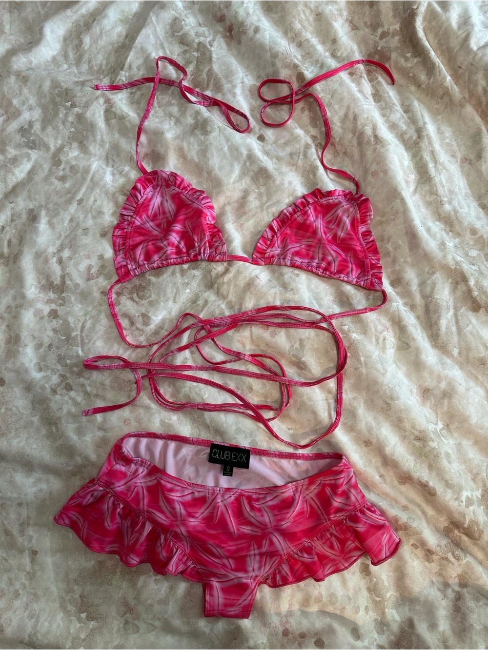 Dolls Kill Pink Tie-Dye Ruffle Triangle Bikini Set